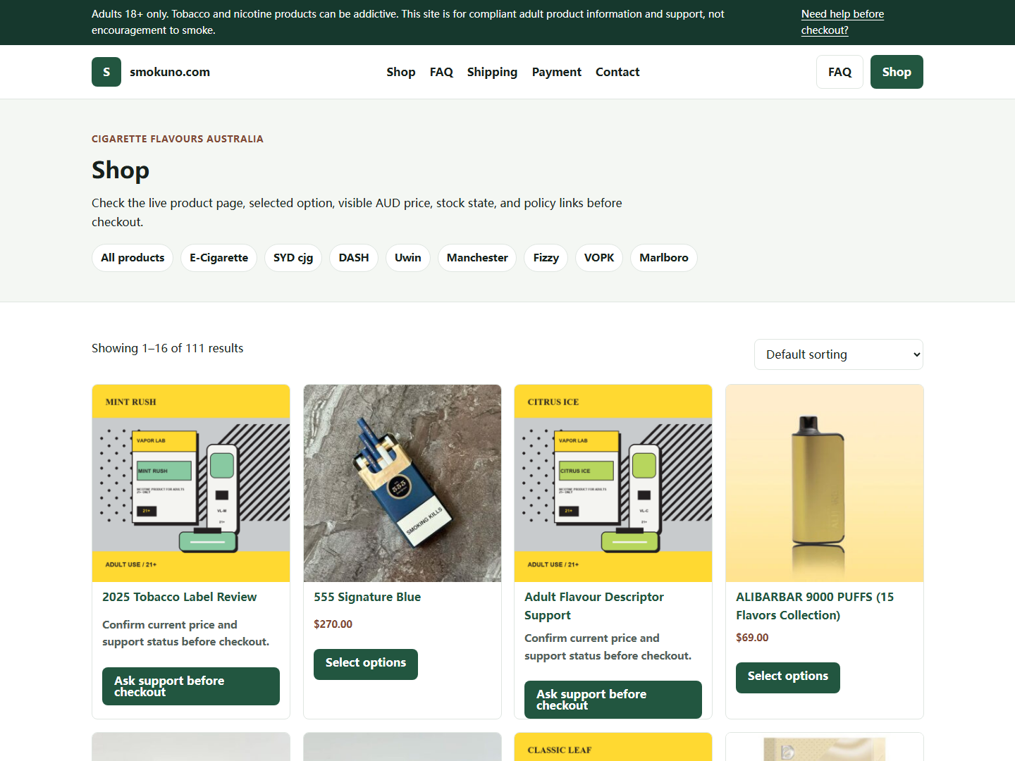 Smokuno shop or product list used for live page verification