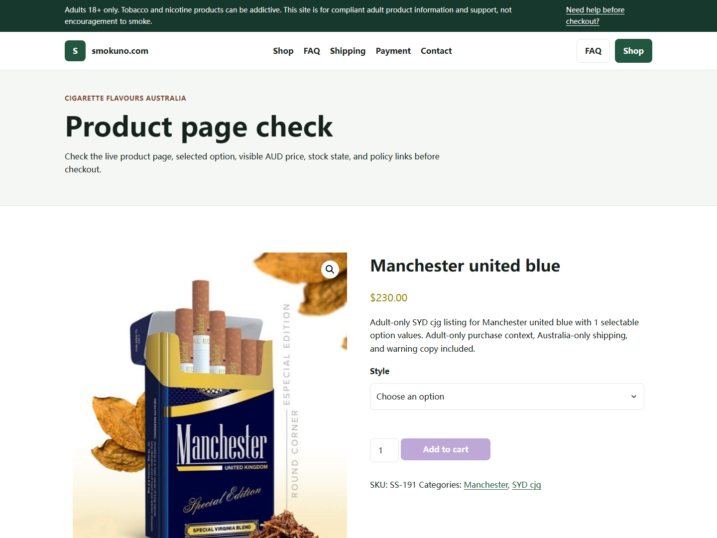 Smokuno live product page screenshot for adult verification