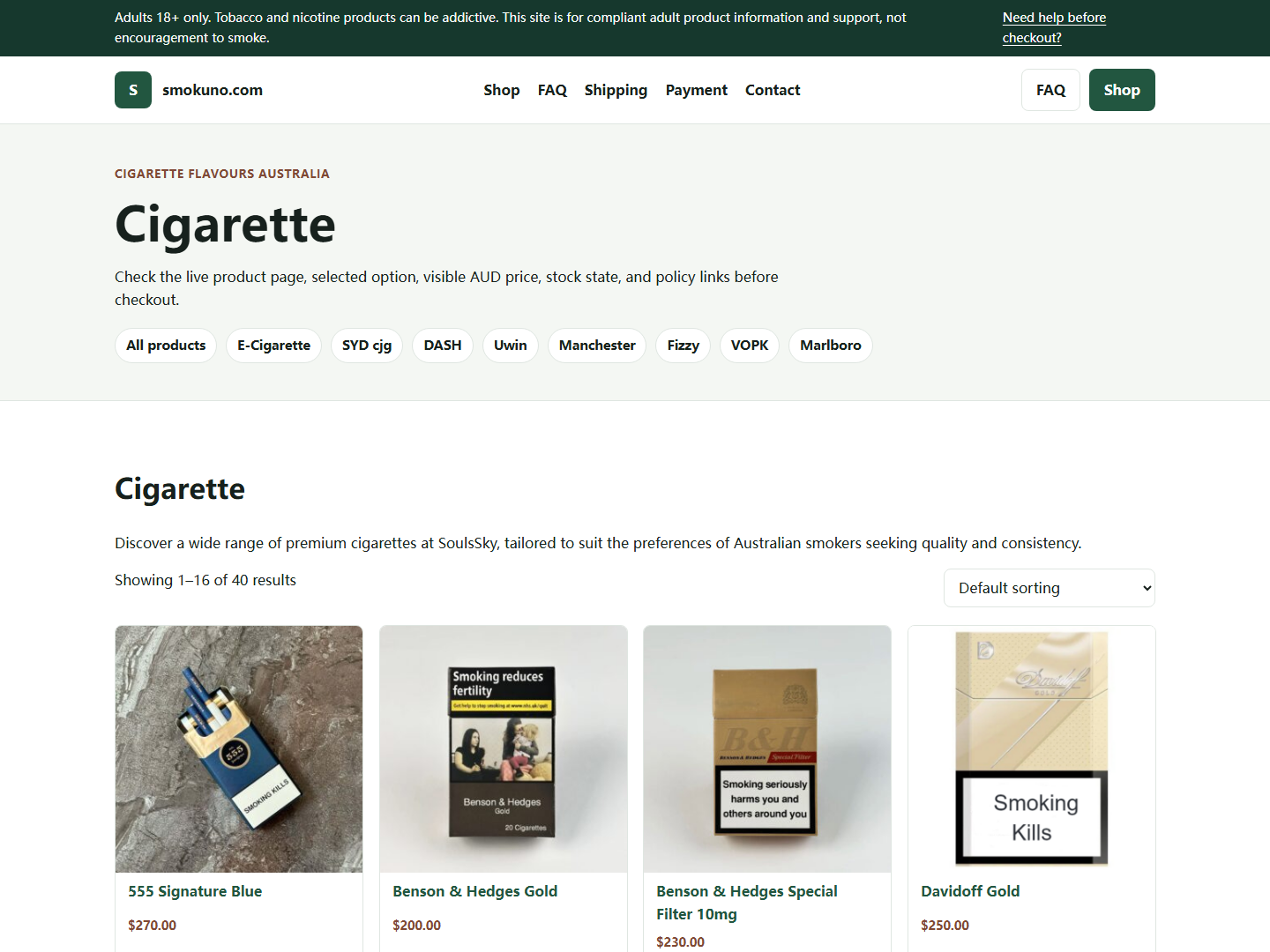 Smokuno policy or FAQ page used before adult checkout